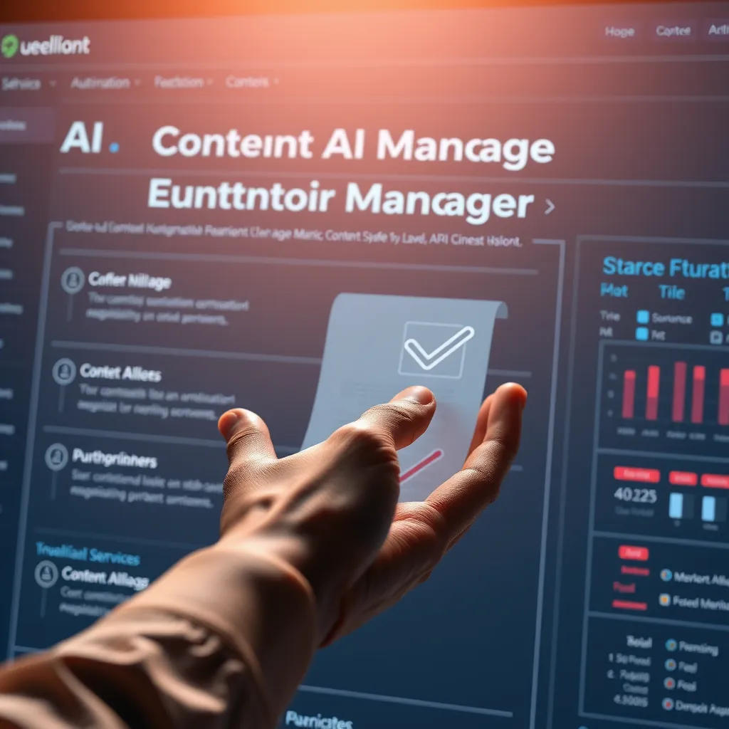 A clean and modern interface of a content management system with AI-powered features prominently displayed. A hand reaches out from the screen holding a scroll of content with a checkmark next to it, symbolizing seamless integration and automation.