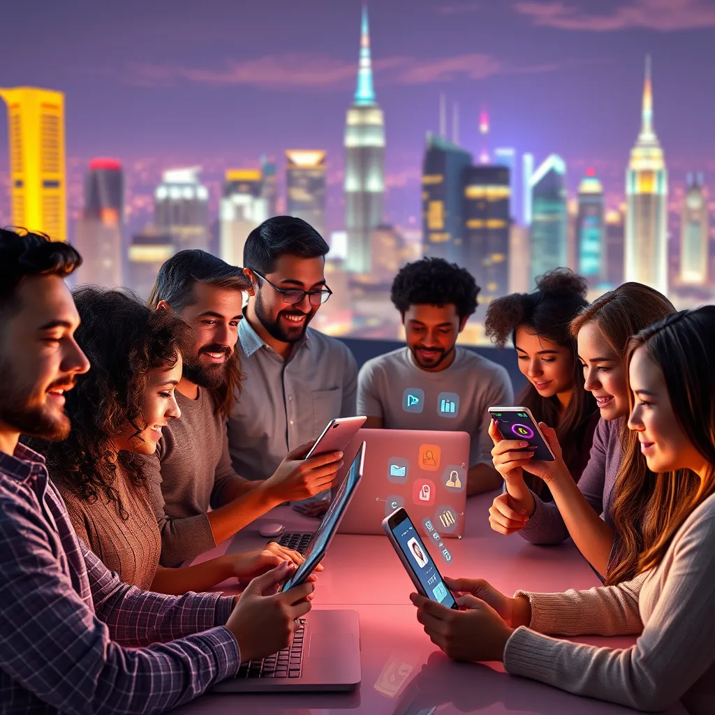 A diverse group of people, from different ages and backgrounds, are using various AI-powered content creation tools on their laptops and smartphones. The tools are represented by colorful icons and glowing interfaces, reflecting the ease of use and accessibility. The background features a vibrant, futuristic city skyline, symbolizing the potential of AI to revolutionize content creation.