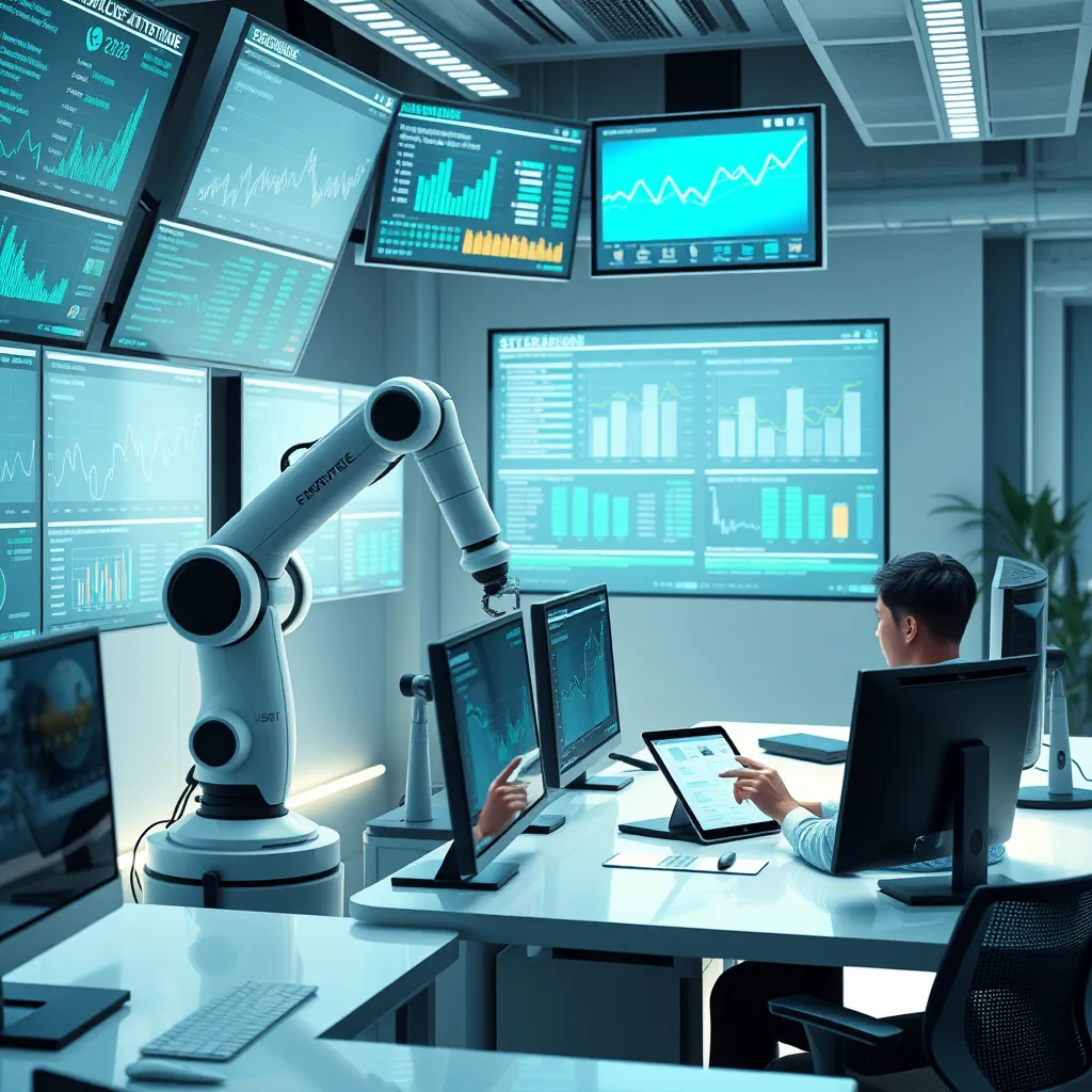 A futuristic office setting with multiple screens showing various data and graphs. A robotic arm is working on a task, while a person sits at a desk with a tablet, effortlessly managing their schedule and communication. The scene is bathed in a bright, clean light, signifying efficiency and automation.