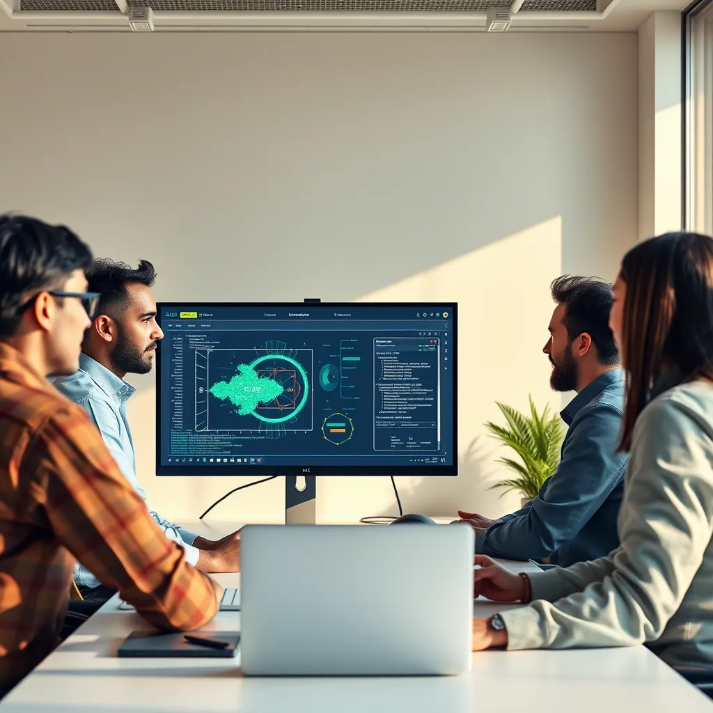 A modern, minimalist office setting with soft, natural lighting. A team of developers are gathered around a large monitor, collaborating on AI assistant training software. The screen displays a graphical representation of an AI model learning from data. Focus on the developers' expressions of focused concentration and excitement. Use a warm color palette with muted blues and greens. The scene should feel clean, organized, and innovative. Render in 8K resolution, with hyperrealistic detail and a cinematic composition.