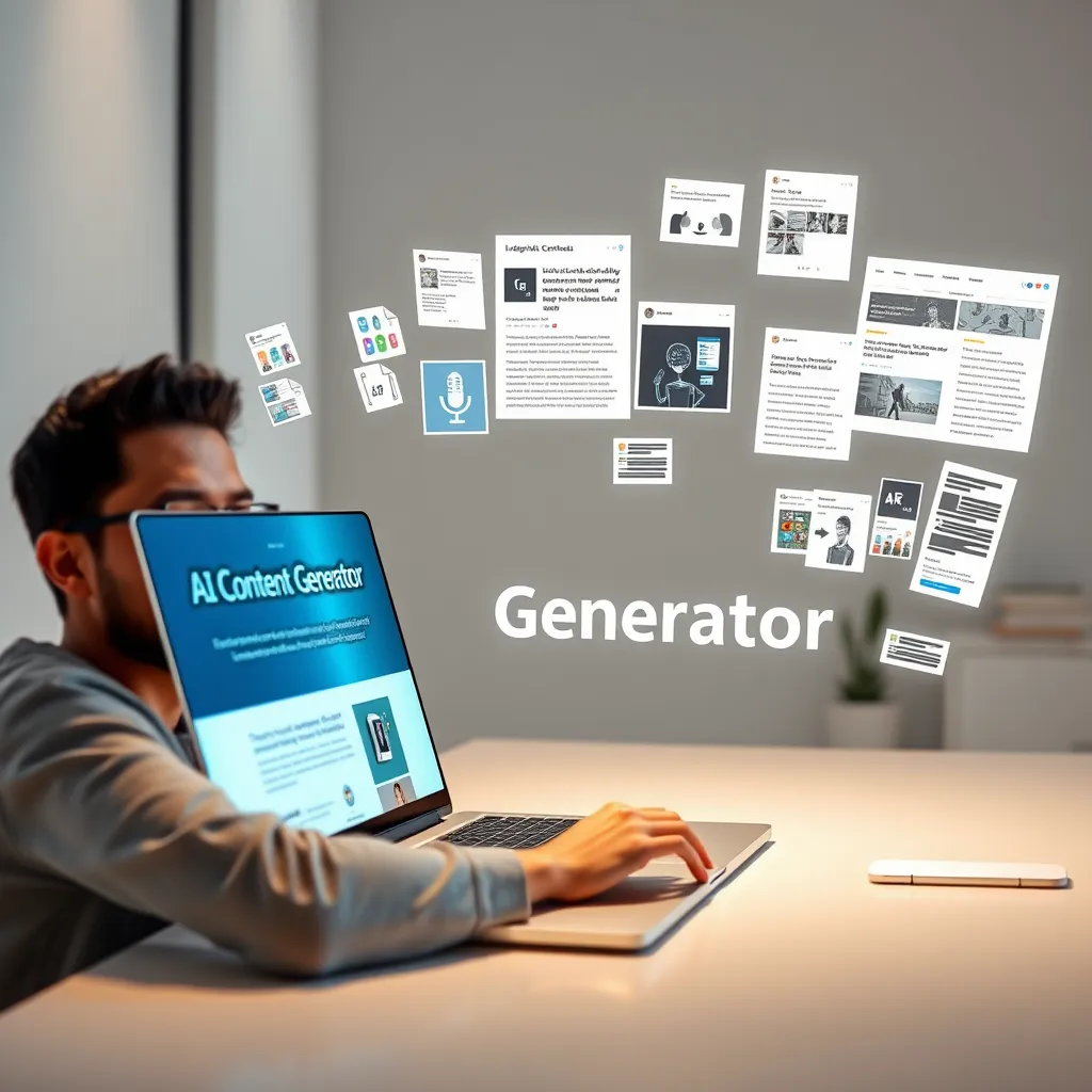 A modern, minimalist workspace with a laptop displaying a website with the words 'AI Content Generator' highlighted. A person is smiling and typing on the laptop, while a variety of content formats such as blog posts, social media posts, and articles appear around them, representing the diverse output of the AI.