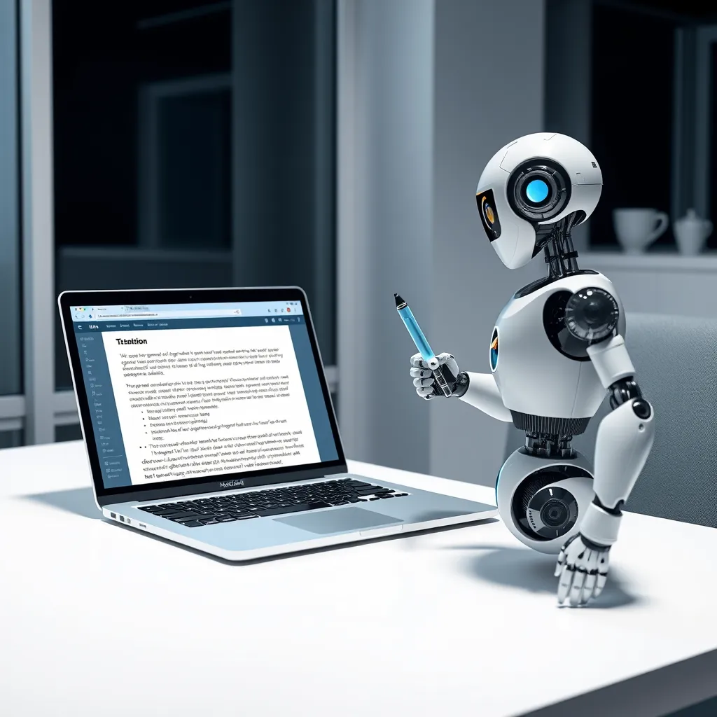 A modern, minimalist workspace with a laptop displaying a text editor filled with engaging content. A futuristic AI robot stands beside the desk, holding a glowing pen and pointing at the screen, symbolizing AI assistance in content creation.