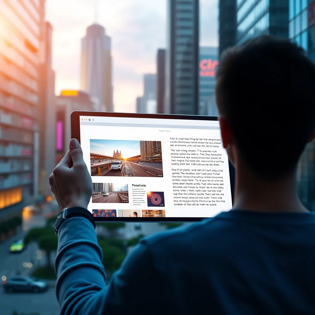 A person standing in a vibrant, modern cityscape, holding a tablet. The tablet displays various AI-generated elements, including a dynamic video, a captivating photo, and a piece of engaging text. The scene is filled with a sense of possibility and exploration, representing the limitless potential of AI.