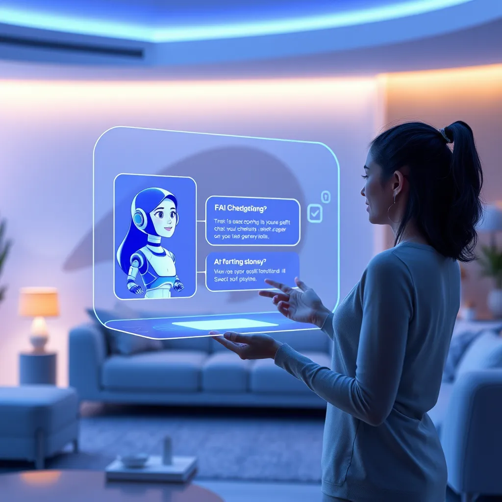 A sleek, futuristic living room with a holographic display floating in the center. A young woman interacts with the holographic display, having a conversation with an AI chatbot. The chatbot appears as a friendly, animated avatar. The background features a subtle, abstract design. Use cool blues and purples for a calming and futuristic vibe. Focus on the details of the holographic display and the woman's expressions of curiosity and satisfaction. The scene should feel inviting, approachable, and technologically advanced. Render in 8K resolution, with hyperrealistic details and a depth of field effect.